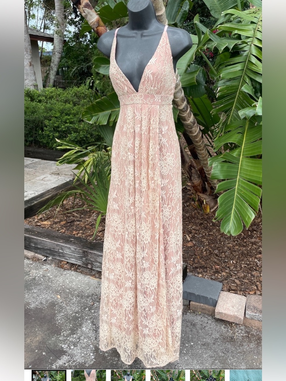 Lulu’s dusty rose lace dress with front split and cross back